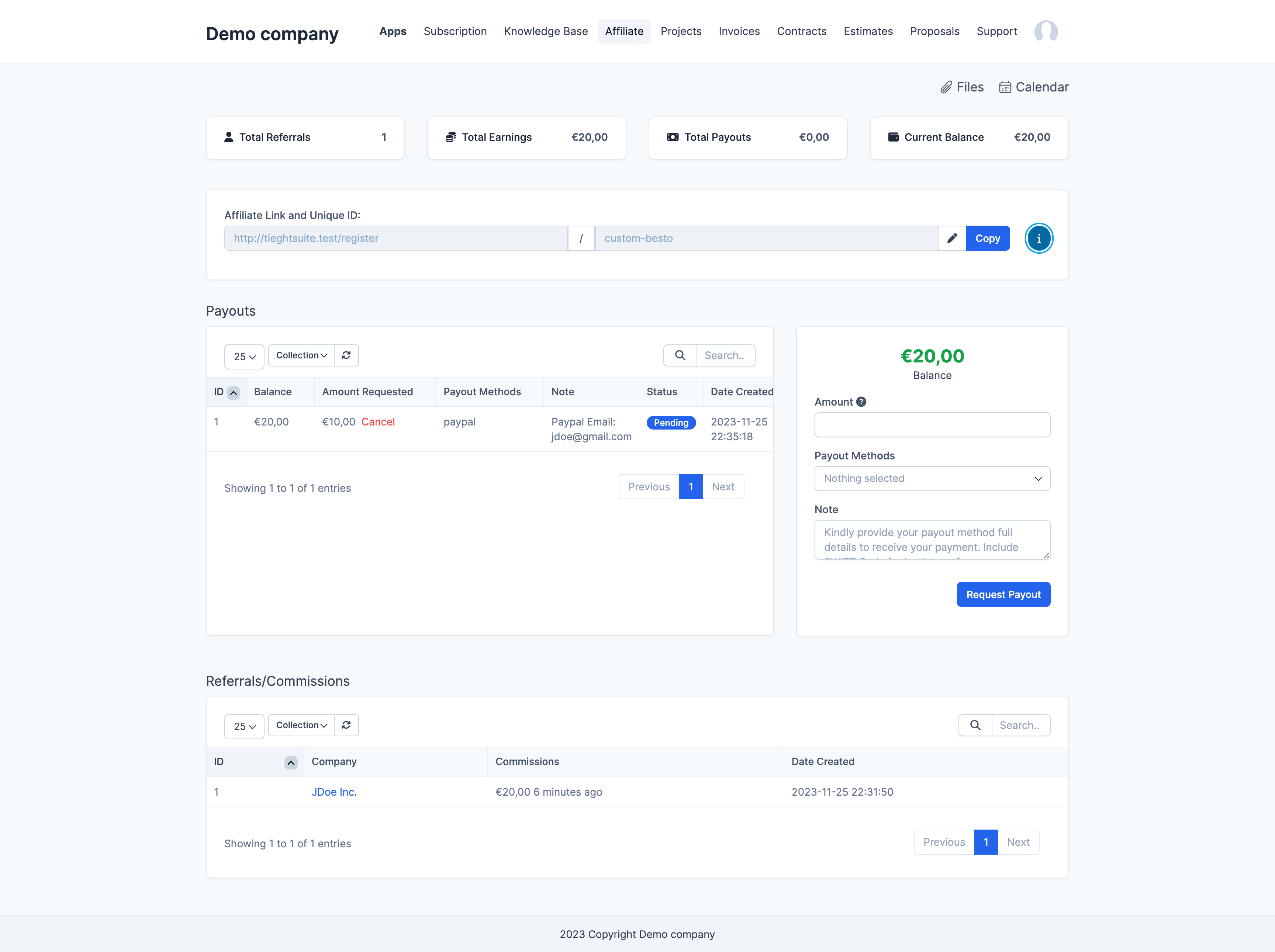 Customer Affiliate Dashboard
