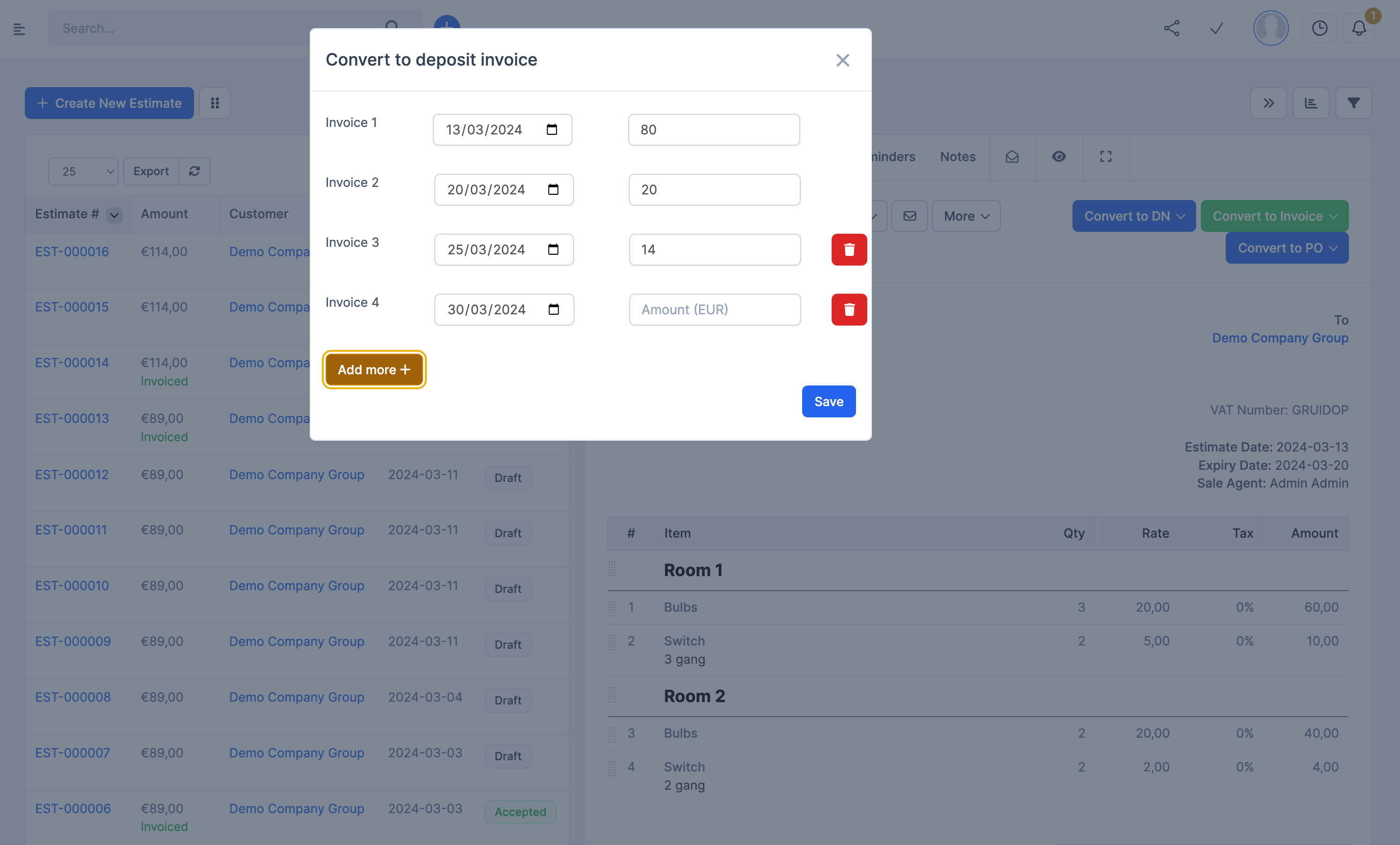 Deposit invoice modal